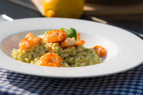 Zitronen Risotto mit gebratenen Garnelen